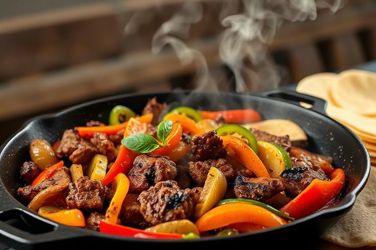 Sizzling fajitas on cast iron